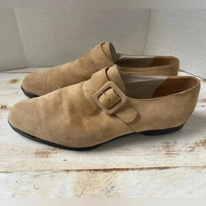 GIORGIO ARMANI women’s tan suede Oxford shoes buckle size 35 Italy almond toe